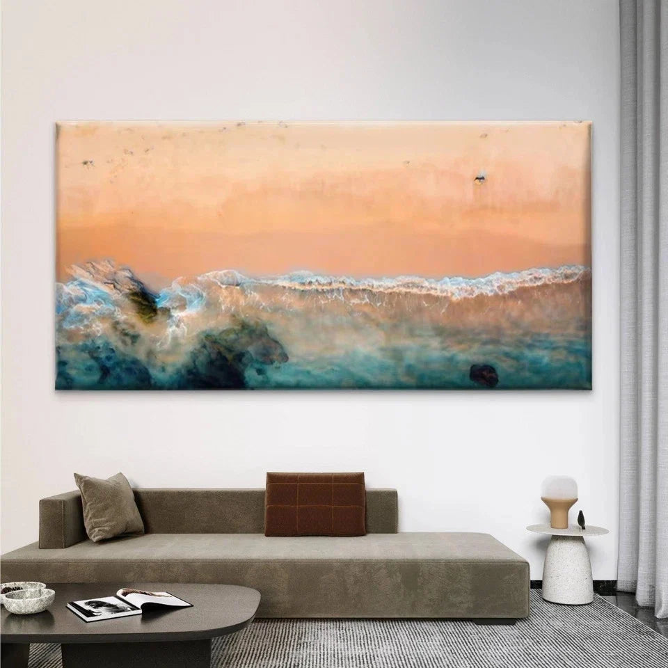 Turquoise & Golden Coastal Wall Art Canvas Office Home Room Framed 80x45cm