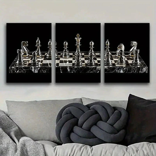 3pcs A chess board with Silvery pieces on it Metal Print Ready to Hang Art