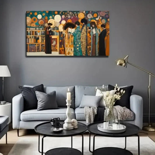 Vibrant Library Scene Modern Wall Art Canvas Office Home Room Framed 120x60cm
