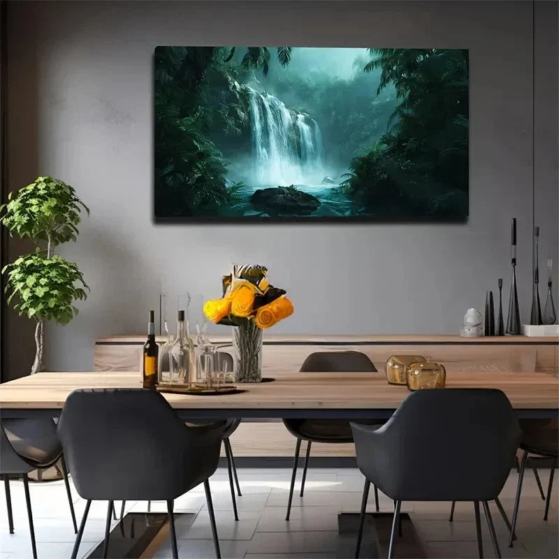 Realistic Jungle Waterfall Wall Art Canvas Office Home Room Framed 120x60cm