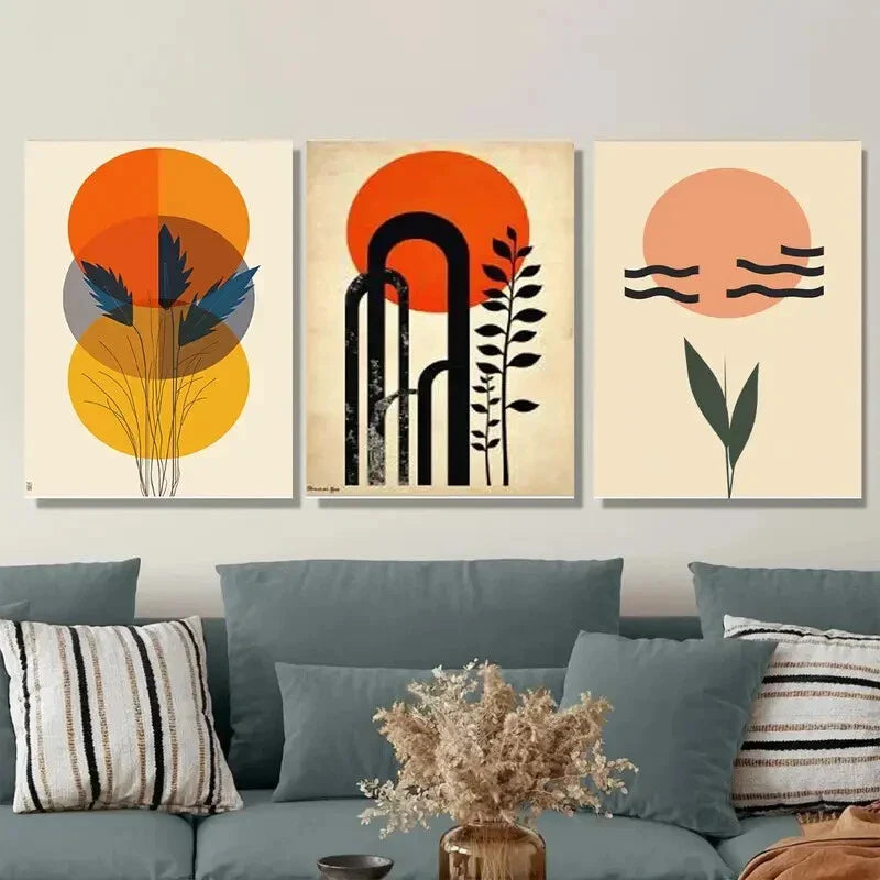 3pcs Modern Abstract Vibrant Orange and Black Metal Print Ready to Hang Art