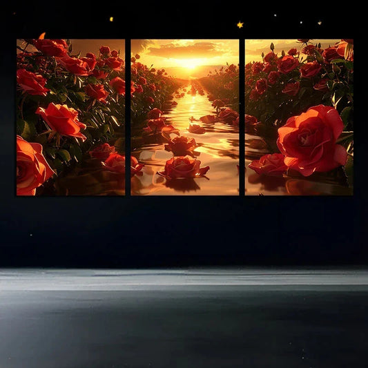 3pcs Sunset Rose River Floral Metal Print Ready to Hang Art