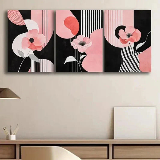 3pcs Pink Flowers & Black White Shapes Wall Art Set Canvas Framed 40x60cm - High Quality Print 100% Australian Made Wall Canvas Ready to Hang