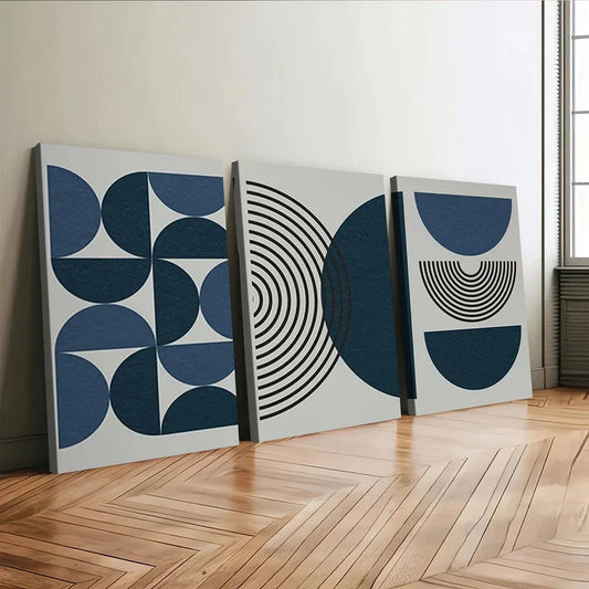3pcs Navy Blue Bohemian Black Lines Modern Wall Art Set Canvas Framed 40x60cm - High Quality Print 100% Australian Made Wall Canvas Ready to Hang