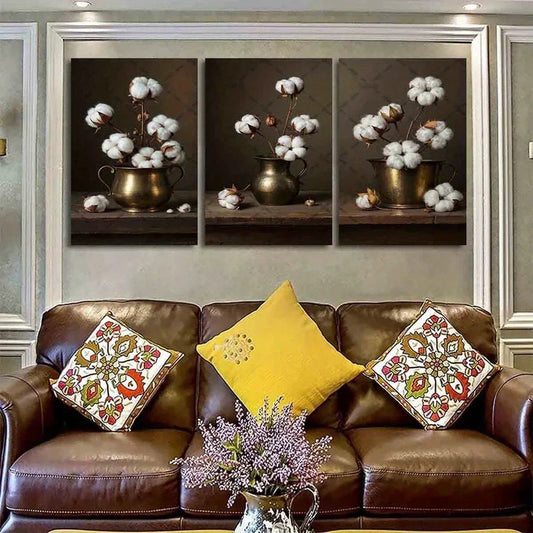 3pcs Golden Flower Vase White Florals Metal Print Ready to Hang Art