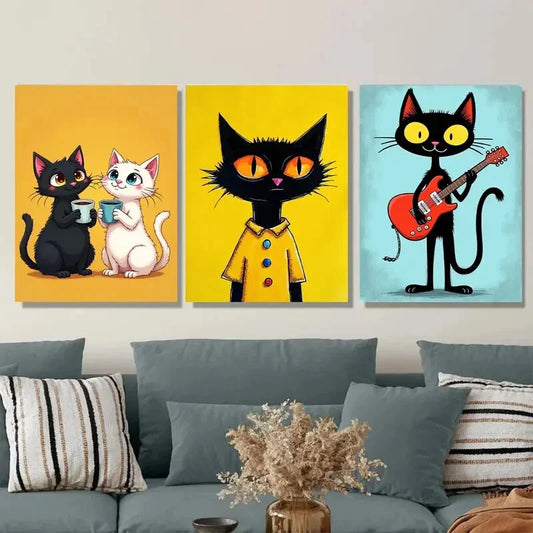 3pcs Colorful Cat Animal Lovers Black Yellow Wall Art Set Canvas Framed 40x60cm - High Quality Print 100% Australian Made Wall Canvas Ready to Hang