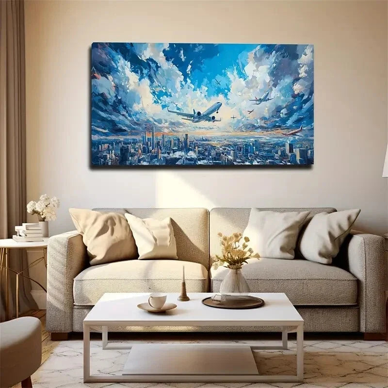 Cityscape with Airplanes Décor Wall Art Canvas Office Home Room Framed 120x60cm