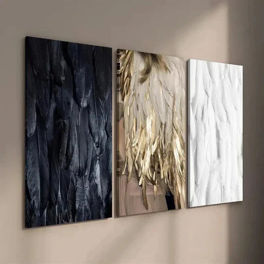 3pcs Black White and Golden Feathers Decor Wall Art Set Canvas Framed 40x60cm - High Quality Print 100% Australian Made Wall Canvas Ready to Hang