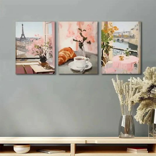 3pcs Soft Pink Paris Trendy Painting Metal Print Ready to Hang Art