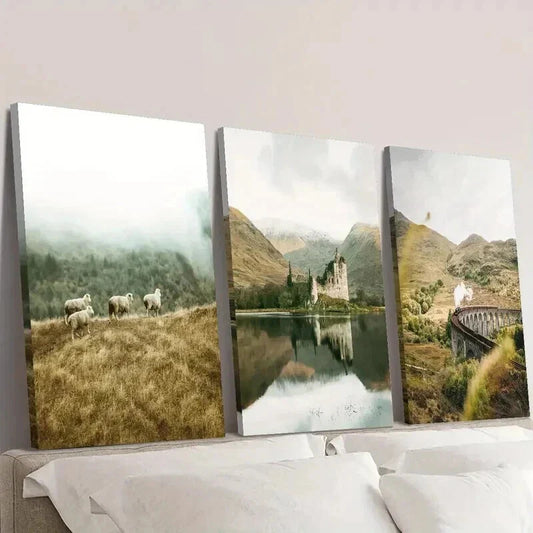 3pcs Scottish Highlands Rural Landscape Wall Art Set Canvas Framed 40x60cm - High Quality Print 100% Australian Made Wall Canvas Ready to Hang