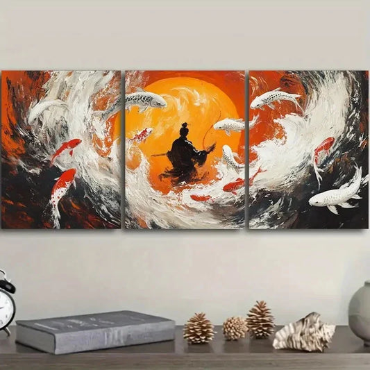 3pcs Fisherman, Koi Art Painting Metal Print Ready to Hang Art
