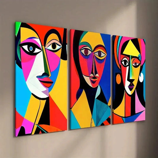 3pcs Vibrant Abstract Geometric Female Faces Wall Art Set Canvas Framed 40x60cm - High Quality Print 100% Australian Made Wall Canvas Ready to Hang