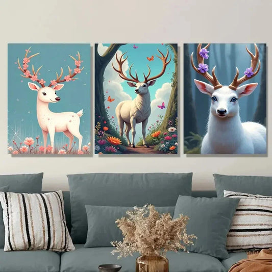3pcs Deer Forest Triptych Blossoms & Butterflies Wall Art Set Canvas Framed 40x60cm - High Quality Print 100% Australian Made Wall Canvas Ready to Hang