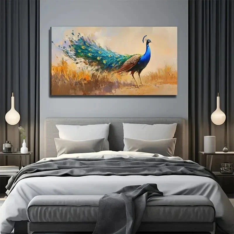 Peacock On The Prairie Wall Art Canvas Office Home Room Framed 80x45cm