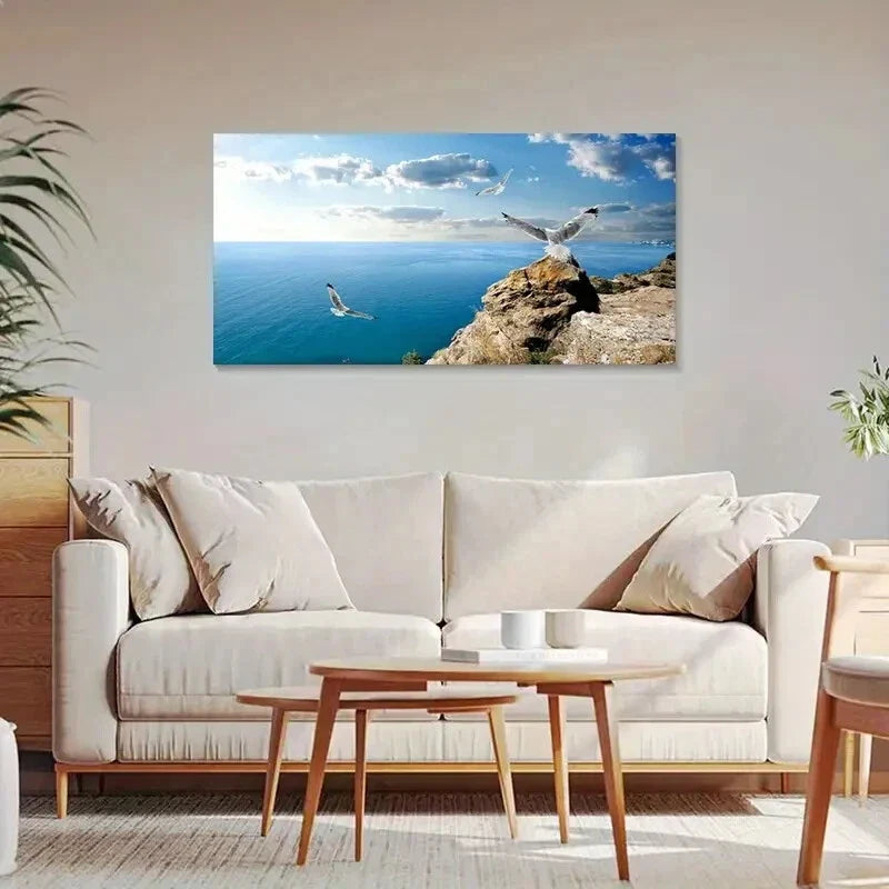 Blue Sky White Clouds Ocean Wall Art Canvas Office Home Room Framed 120x60cm