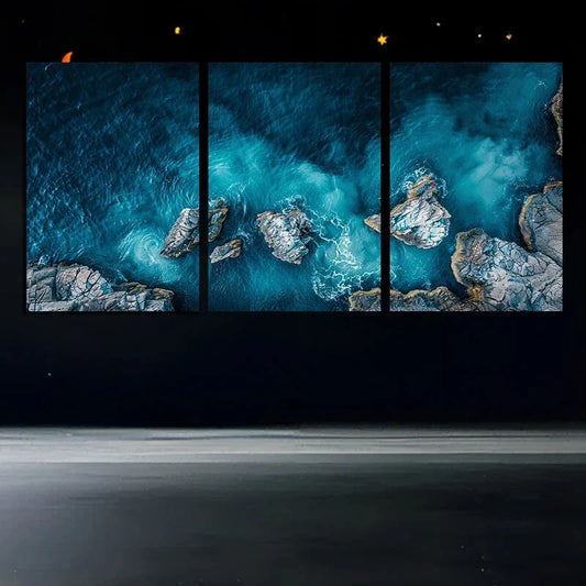 3pcs Rocky Coastline Blue Waves Metal Print Ready to Hang Art