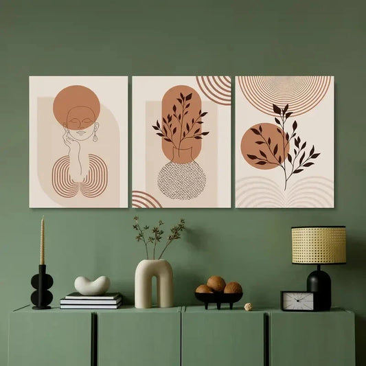 3pcs Botanical Line Art & Geometric Designs Metal Print Ready to Hang Art