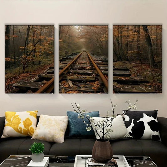 3pcs Autumn Forest and Abandoned Train Track Metal Print Ready to Hang Art
