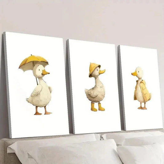 3pcs Duck Holding Umbrella with Hat and Cloths Wall Art Set Canvas Framed 40x60cm - High Quality Print 100% Australian Made Wall Canvas Ready to Hang