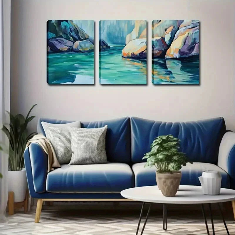 3pcs Vibrant Blue Water Rocks Design Perfect Wall Art Set Canvas Framed 40x60cm - High Quality Print 100% Australian Made Wall Canvas Ready to Hang