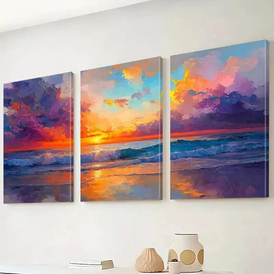 3pcs Aesthetic Sky Waves Seascape Sunset Wall Art Set Canvas Framed 40x60cm - High Quality Print 100% Australian Made Wall Canvas Ready to Hang