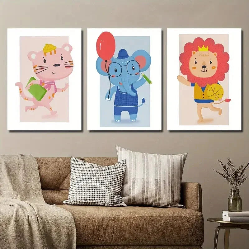3pcs Funny Cartoon Animal Illustration Wall Art Set Canvas Framed 40x60cm - High Quality Print 100% Australian Made Wall Canvas Ready to Hang