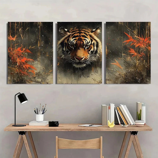 3pcs Tiger Vibrant Orange & Black Metal Print Ready to Hang Art