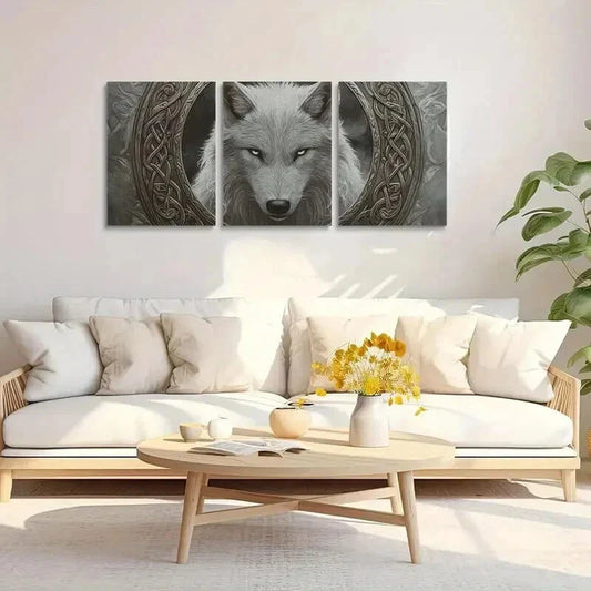 3pcs White Wolf Staring Straight Wall Art Set Canvas Framed 40x60cm - High Quality Print 100% Australian Made Wall Canvas Ready to Hang