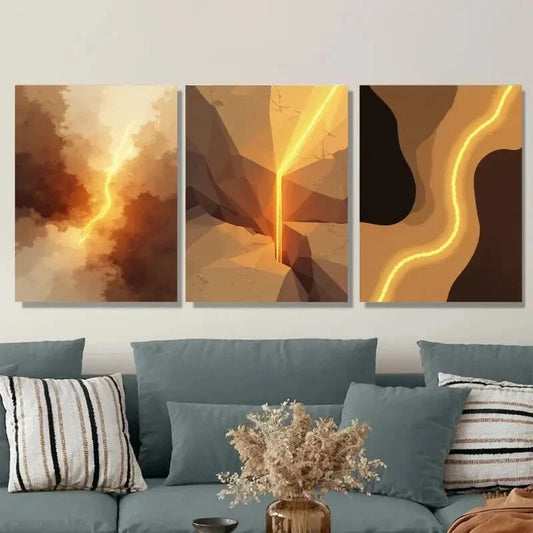 3pcs Geometric & Floral Designs in Brown, Orange Metal Print Ready to Hang Art