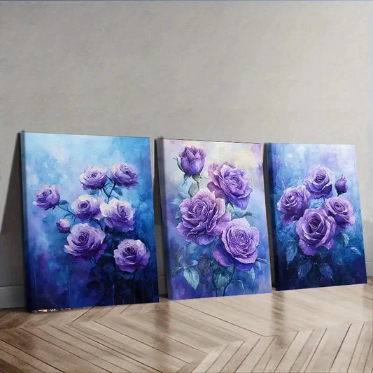 3pcs Purple Rose Night Purple Floral Perfect Wall Art Set Canvas Framed 40x60cm - High Quality Print 100% Australian Made Wall Canvas Ready to Hang