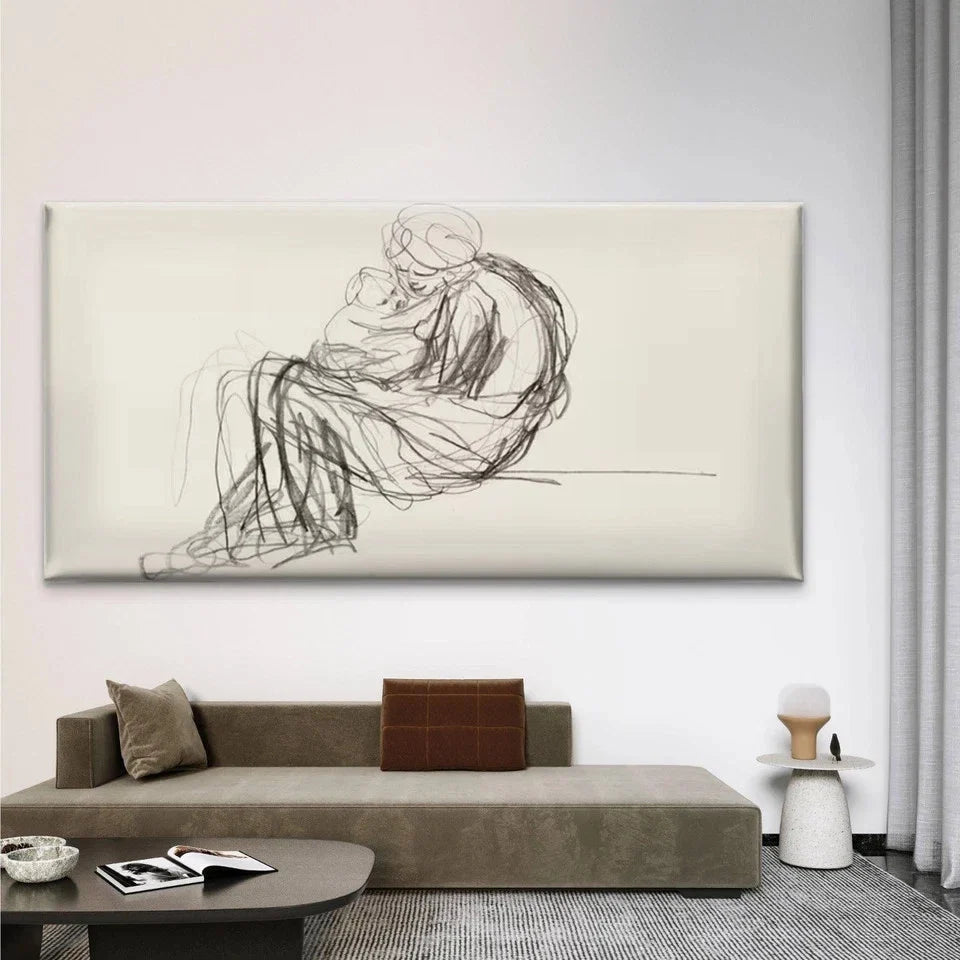 Mother & Child Pencil Sketch Wall Art Canvas Office Home Room Framed 80x45cm