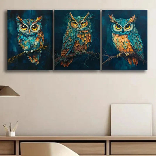 3pcs Vibrant Owl Contemporary Style Metal Print Ready to Hang Art