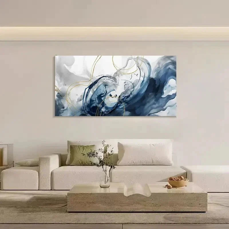 Elegant Abstract White & Golden Lines Wall Art Canvas Office Home Room Framed 80x45cm