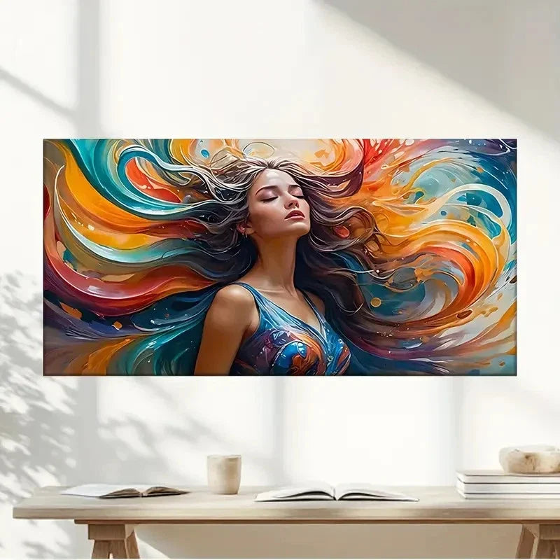 Women With Long Colorful Hair Wall Art Canvas Office Home Room Framed 80x45cm