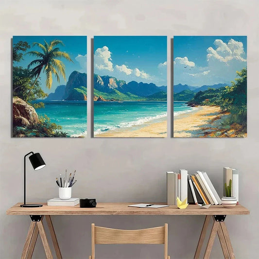3pcs Vibrant Tropical Beach Mountains Ocean Waves Metal Print Ready to Hang Art