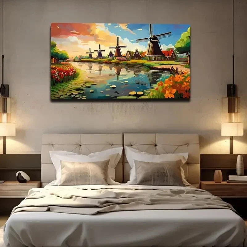 Dutch Windmill Kingdom Décor Wall Art Canvas Office Home Room Framed 120x60cm