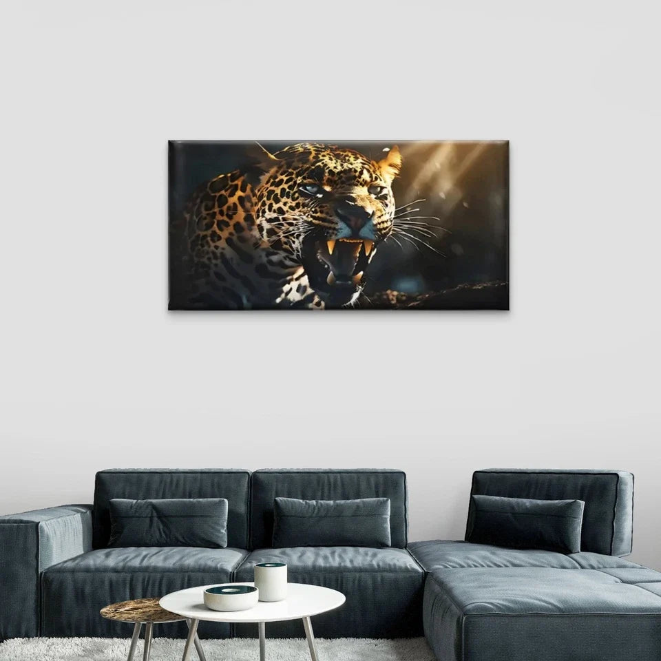 Roaring Leopard Dark Sunlight Wall Art Canvas Office Home Room Framed 80x45cm