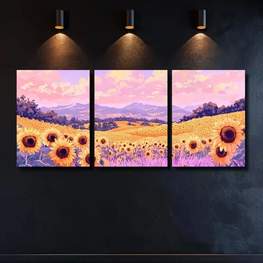 3pcs Summer Sunflower Fields Lilac & Pastel Metal Print Ready to Hang Art