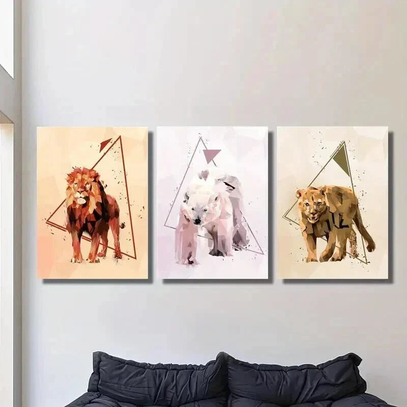 3pcs Abstract Geometric Lion Bear Animal Wall Art Set Canvas Framed 40x60cm - High Quality Print 100% Australian Made Wall Canvas Ready to Hang