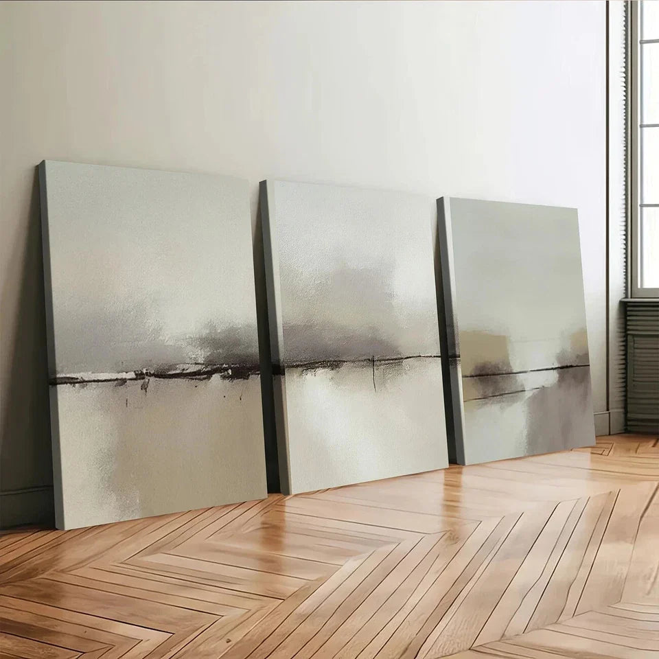 3pcs Abstract Modern Gray Beige Light Green Wall Art Set Canvas Framed 40x60cm - High Quality Print 100% Australian Made Wall Canvas Ready to Hang