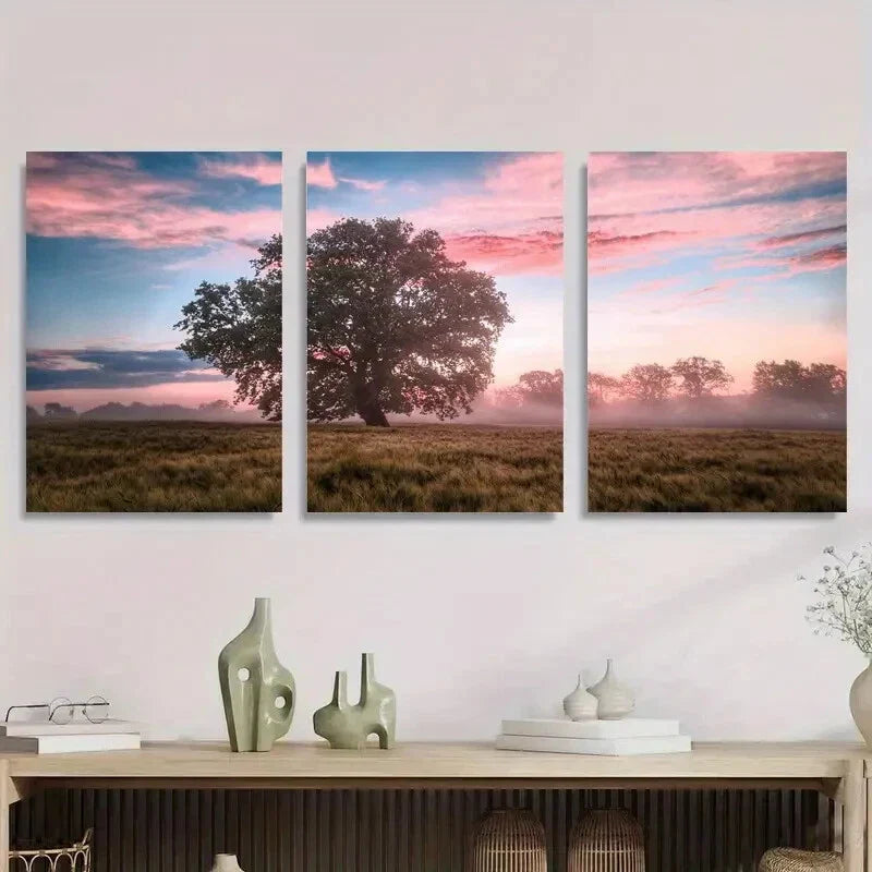 3pcs Sunrise Tree Misty Field Nature Morning Sky Metal Print Ready to Hang Art