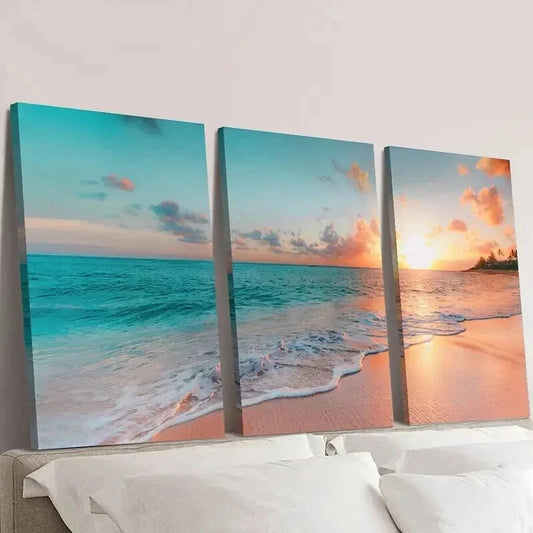 3pcs Sunrise Coast Beach Blue Sea Scenery Wall Art Set Canvas Framed 40x60cm - High Quality Print 100% Australian Made Wall Canvas Ready to Hang