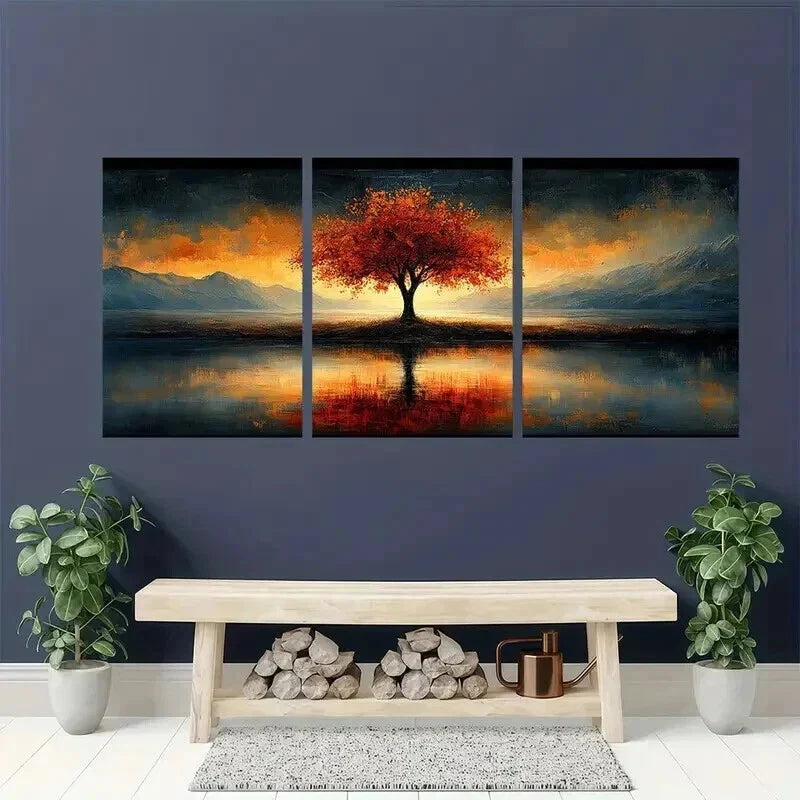 3pcs Vibrant Autumn Leaves & Mountain Reflection Wall Art Set Canvas Framed 40x60cm - High Quality Print 100% Australian Made Wall Canvas Ready to Hang