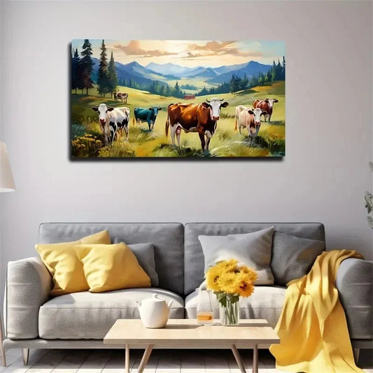 Country Cows Harmonious Space Wall Art Canvas Office Home Room Framed 80x45cm