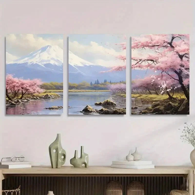 3pcs Scenic Mountain Landscape with Cherry Metal Print Ready to Hang Art
