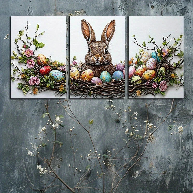 3pcs Cute Brown Bunny Green Leaves Colourful Metal Print Ready to Hang Art