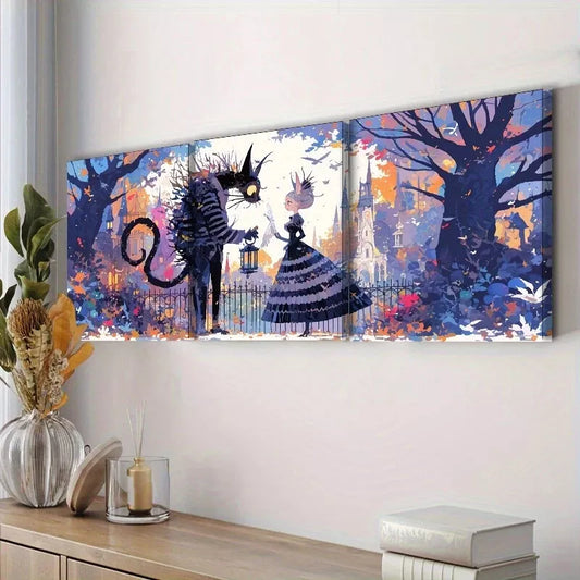 3pcss Whimsical Cat & Girl Design Strange Wall Art Set Canvas Framed 40x60cm - High Quality Print 100% Australian Made Wall Canvas Ready to Hang