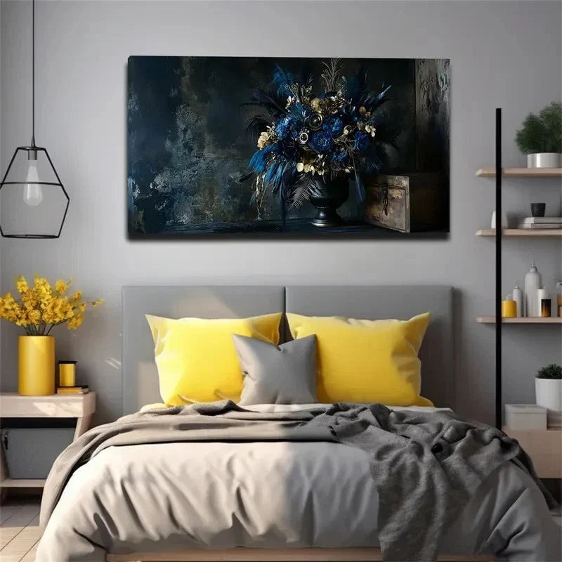 Blue Golden Floral Vase Design Wall Art Canvas Office Home Room Framed 120x60cm