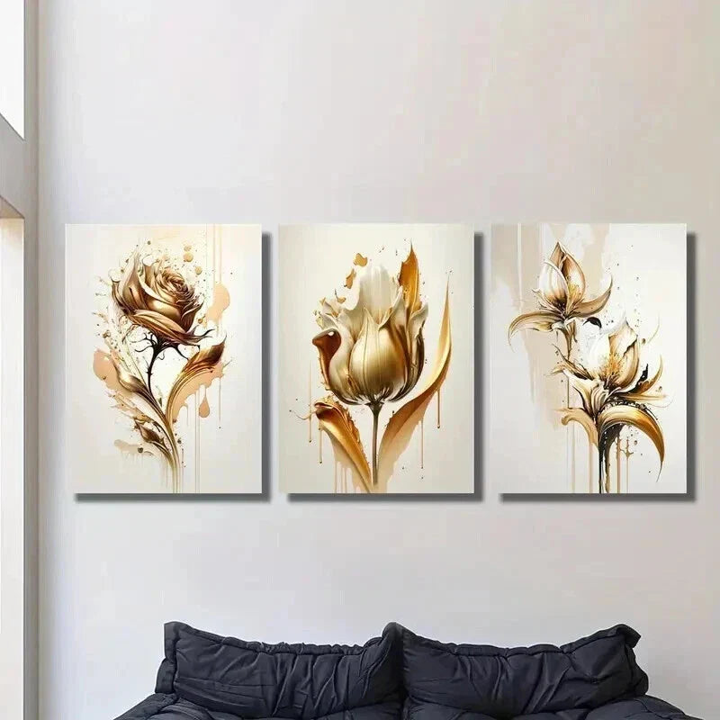 3pcs Golden Rose Abstract Concept Illustration Wall Art Set Canvas Framed 40x60cm - High Quality Print 100% Australian Made Wall Canvas Ready to Hang