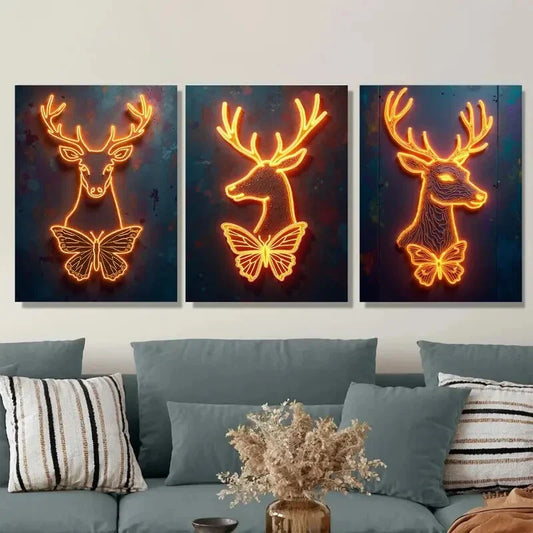 3pcs Elegant And Unique Neon Deer And Butterfly Wall Art Set Canvas Framed 40x60cm - High Quality Print 100% Australian Made Wall Canvas Ready to Hang